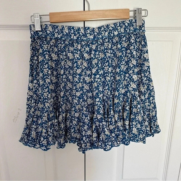Aakaa Blue Ruffled White Floral Mini Skirt Drawstring Tassels Size Small - Picture 2 of 9